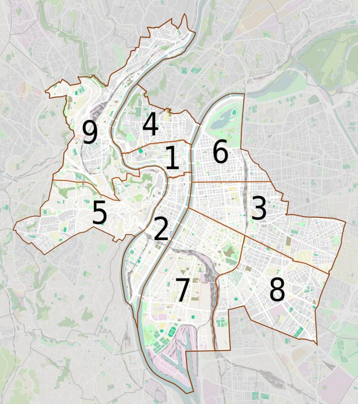 karta över Lyon arrondissementen