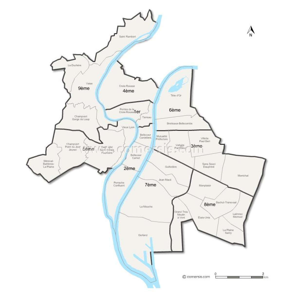 karta arrondissementet i Lyon