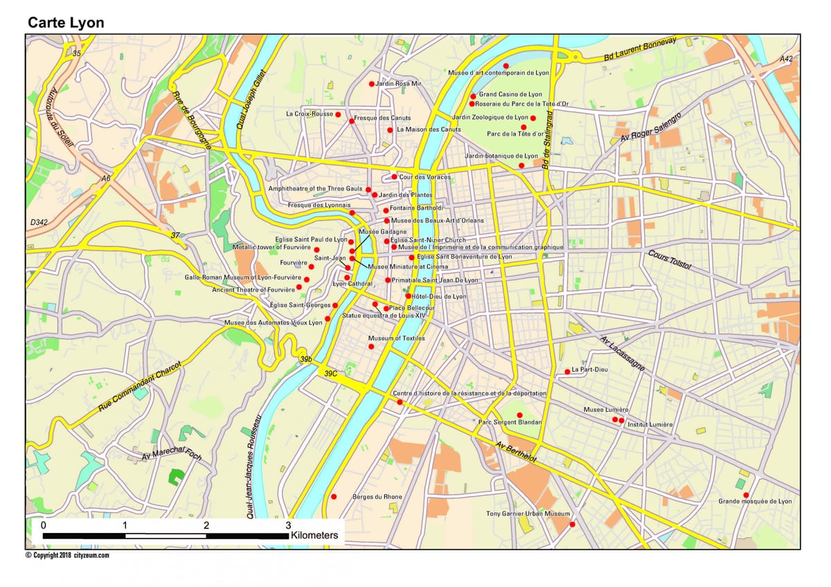 Lyon turistattraktioner karta